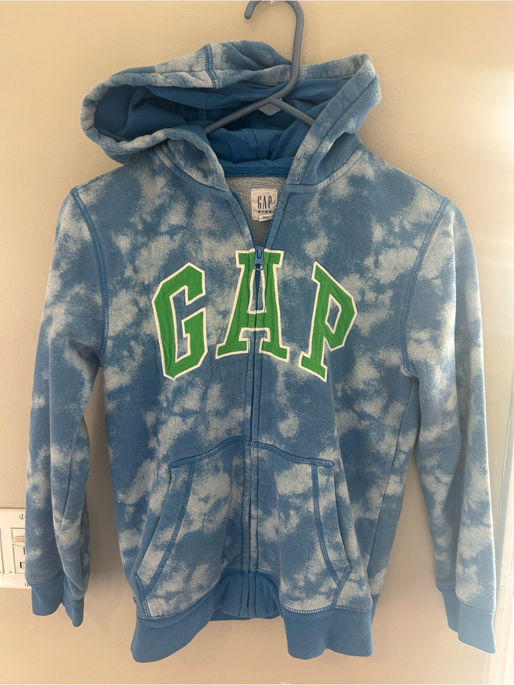 GAP Kids Blue Tie-Dye Zip Hoodie with Bright Green Logo (Size Youth Large)